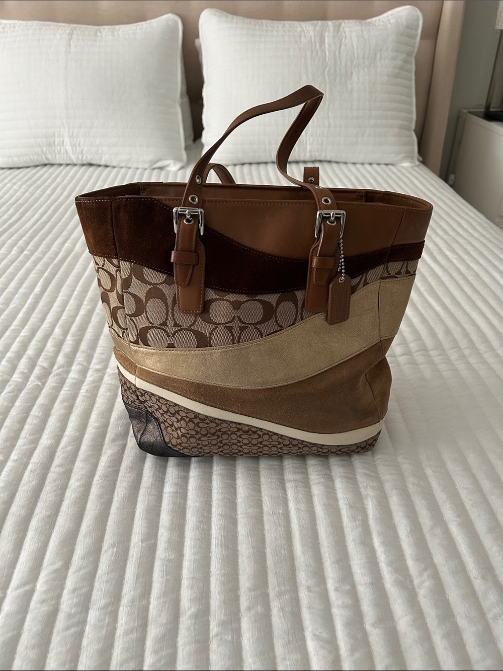 Coach Multitexture Patchwork Tote in Brown, Tan and Cream
